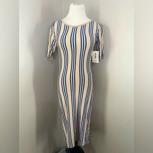 LuLaRoe Julia Dress Beige with Blue Vertical Stripes Midi Form Fitting